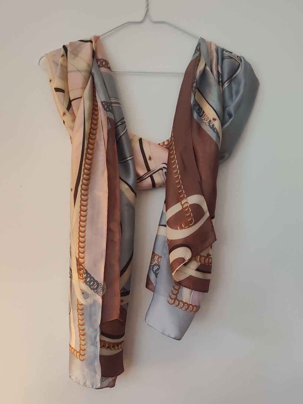 Luxury Chain-Print Satin Scarf in Brown, Gray and Pink